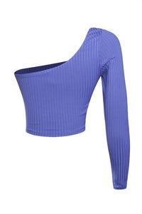 One Shoulder Long Sleeve Ribbed Crop Top - Royal Blue