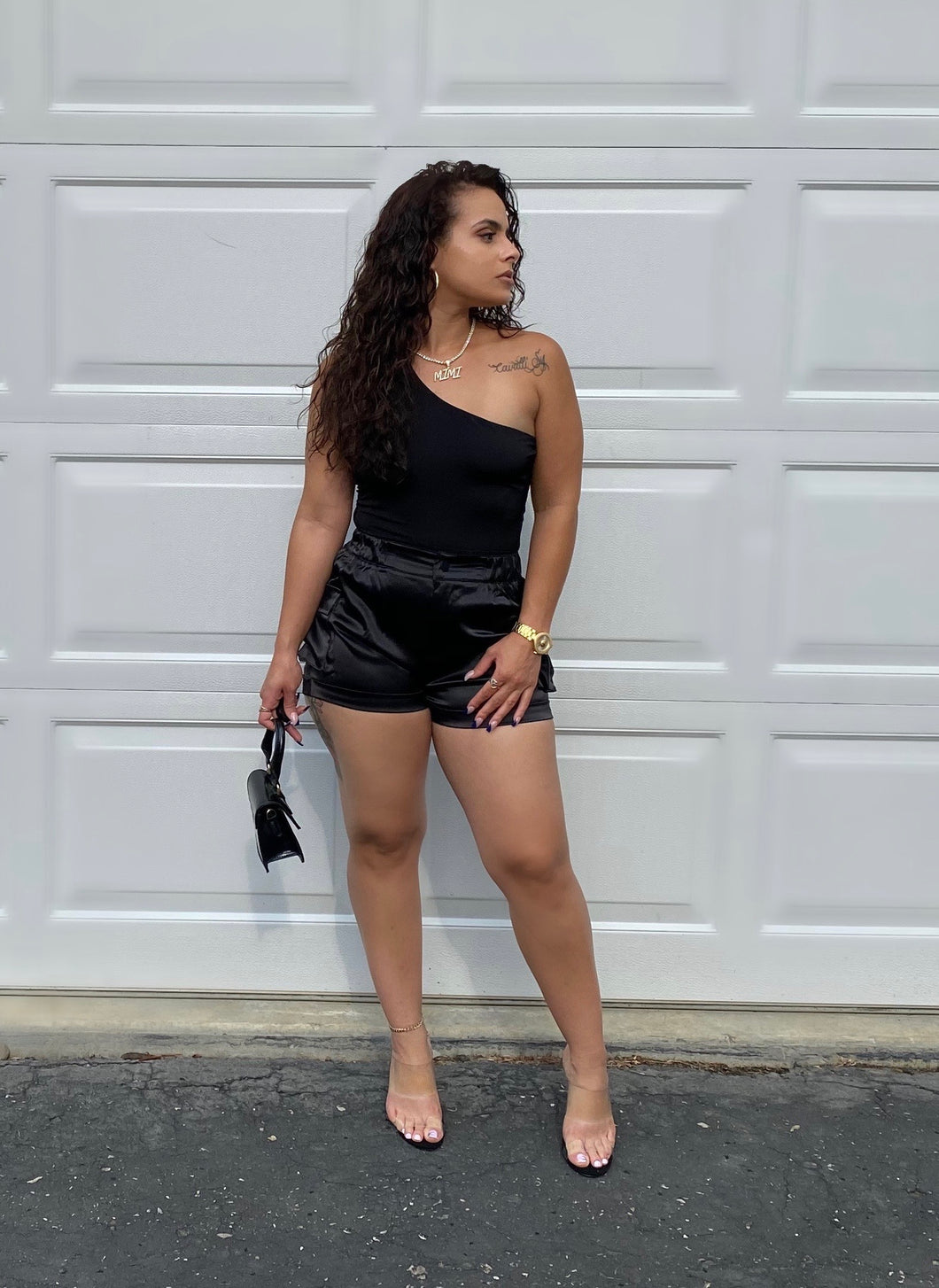 Black satin high waisted shorts sales