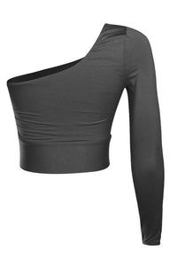 Side Knot One Sleeve Crop Top- Black