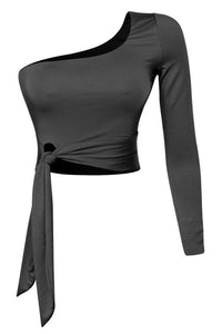 Side Knot One Sleeve Crop Top- Black
