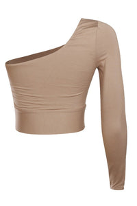 Side Knot One Sleeve Crop Top- Mocha